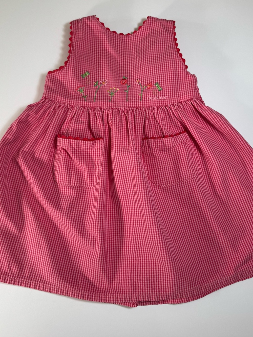 OshKosh B'gosh Vintage Pink- Red Gingham Embroidered Pocket Dress EUC
